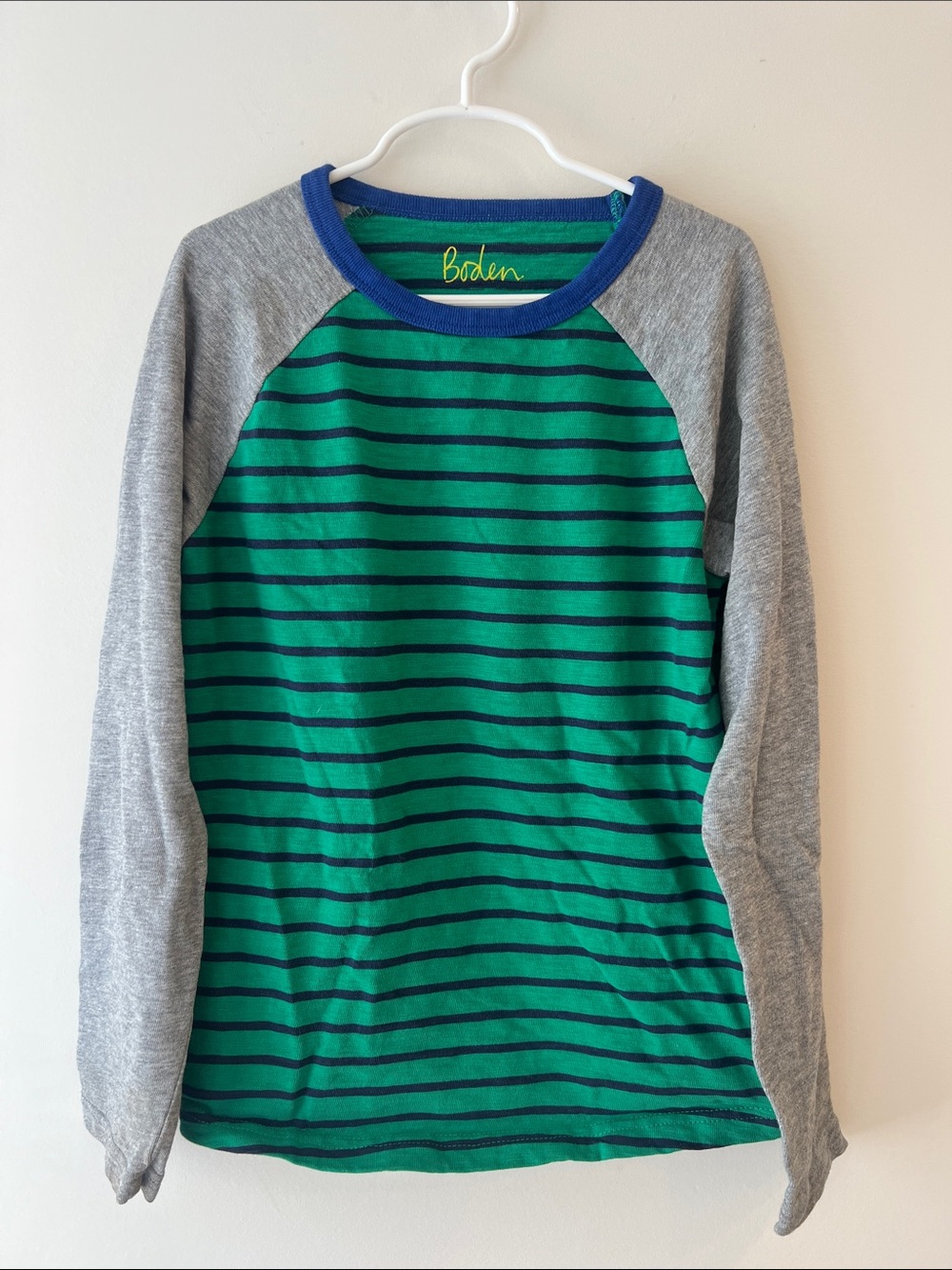 Boden Green & Navy Striped Raglan Long Sleeve Tee with Gray Sleeves